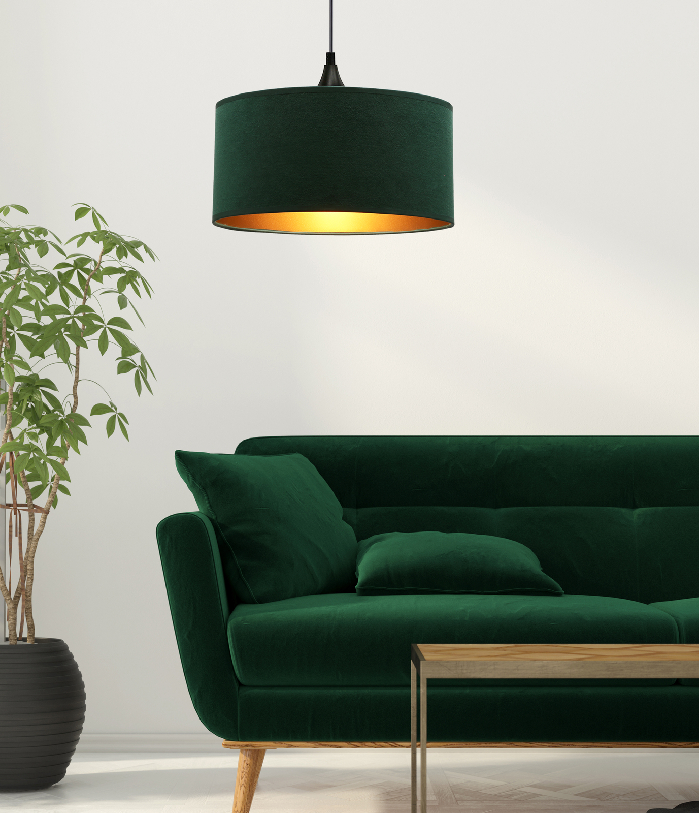 Lampa wisząca Maloto czarny 1x60 E27 abażur walec 30x15 velur but.ziel/złoto