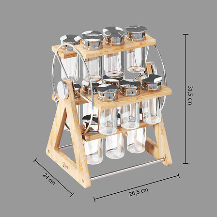 Stojak na przyprawy Bambou obrotowy z 15 szklanymi słoikami