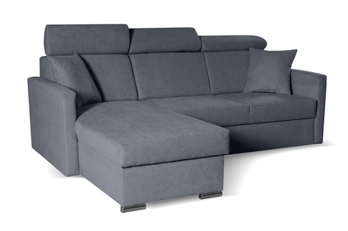 Nowoczesny narożnik z funkcją spania i pojemnikiem Mils do salonu szary granatowy