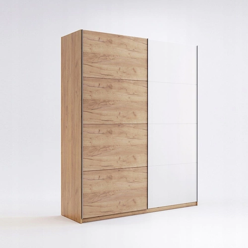 Szafa przesuwna Tissa 150 cm nowoczesna biała z dębem do sypialni z półkami i drążkiem