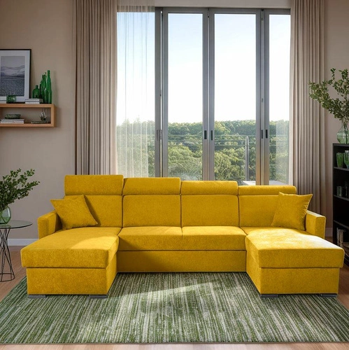 Narożnik z funkcją spania Mils U musztardowy nowoczesny do salonu z pojemnikiem