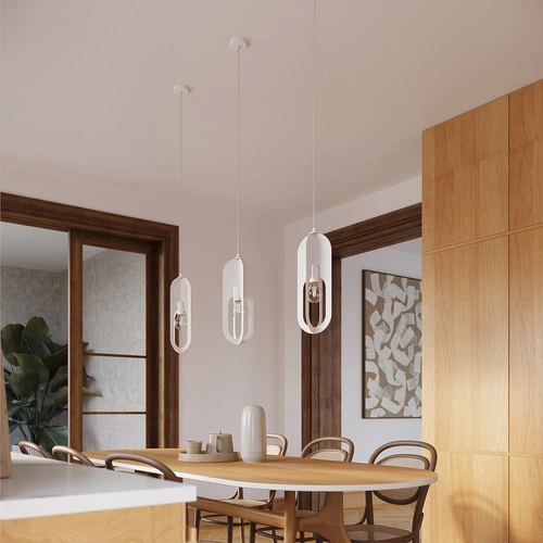 Nowoczesna biała lampa wisząca NICUS 1 do salonu, jadalni lub kuchni metalowa 140 cm