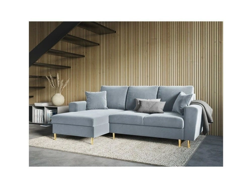 Narożnik z funkcją spania Moghan Light Blue Velvet Lewostronna kolor nóg złoty