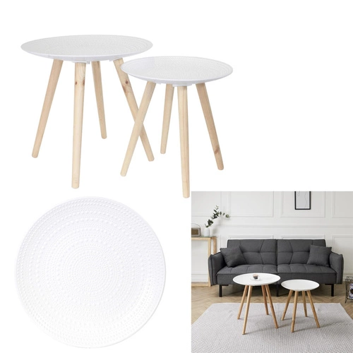Zestaw 2 okrągłych stolików kawowych Intesi biały/naturalny skandynawski drewniany 2w1 do salonu