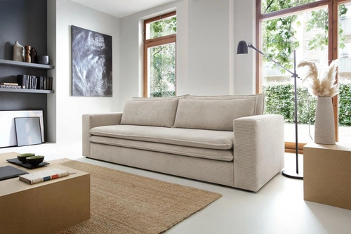 Sofa rozkładana Ulnes 3 osobowa sztruksowa z funkcją spania do salonu beżowa z pojemnikiem