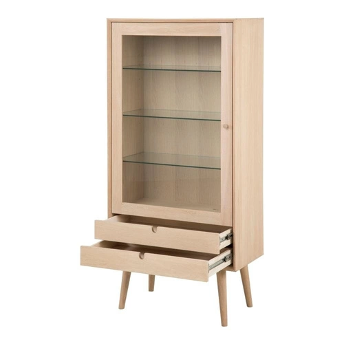 Nowoczesna witryna na książki z szufladami Century bielony dąb szkło do salonu 143 cm Actona