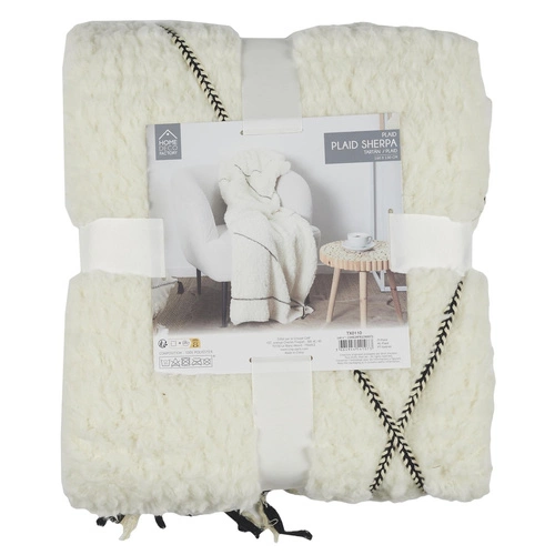 Intesi Sherpa gruby koc na kanapę biały z czarnym wzorem ciepły pled 130x160