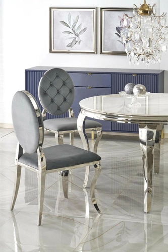 Krzesło tapicerowane welurowe Royale szare glamour do jadalni na srebrnych nogach Intesi