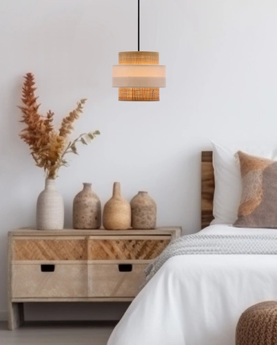 Lampa wisząca Rattan czarny 1x40W E27 abażur biały+kremowy