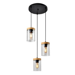 Lampa wisząca Wels talerz czarny+drewniany 3x40W E27 klosz dymiony