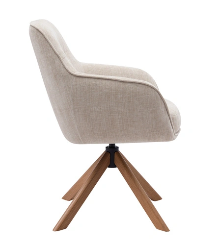 Fotel obrotowy Lova beżowy do salonu nowoczesny z podłokietnikami na dębowych nogach