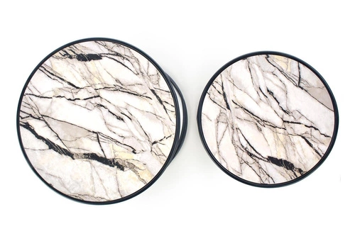 Zestaw 2 okrągłych stolików kawowych Chaletz biały marmur nowoczesny do salonu 2w1