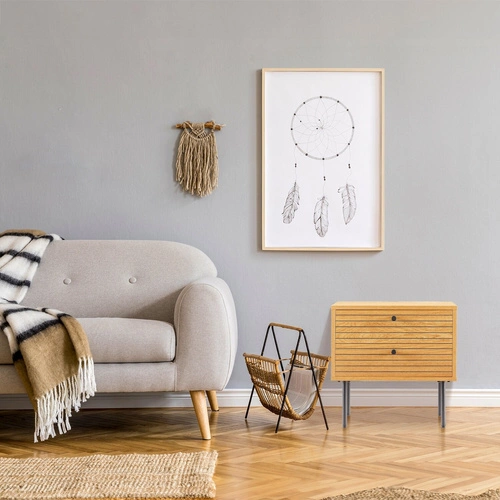 Szafka nocna Lattes 50x40 cm z 2 szufladami w stylu skandynawskim, naturalny dąb i czarny metal