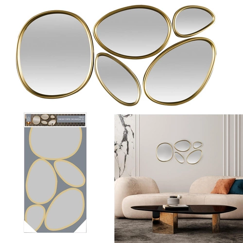 Zestaw 5 owalnych luster dekoracyjnych Organic Shape w złotej ramie do salonu Intesi