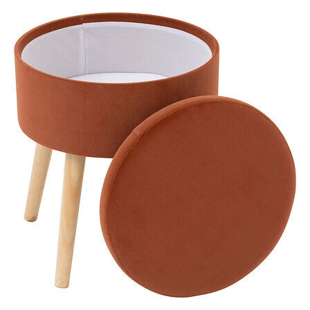 Stołek tapicerowany ze schowkiem Tess bursztynowy do salonu na drewnianych nogach