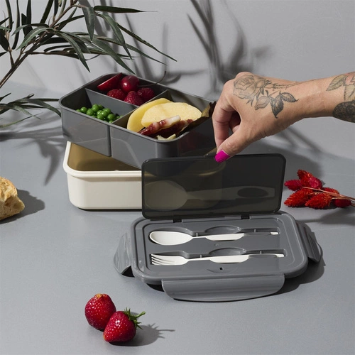 Lunchbox Intesi Single szary z pojemnikiem 2,5 l i sztućcami do pracy lub szkoły, nowoczesny