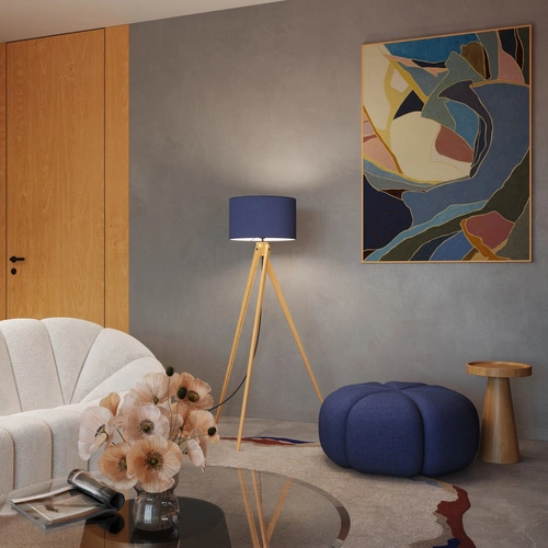 Lampa stojąca do salonu NATT nowoczesna drewniana granatowa z abażurem 140 cm