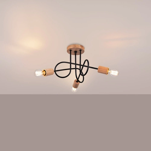 Żyrandol do salonu EMBER 3 czarny minimalistyczny z drewnem 3-punktowy Sollux Lighting