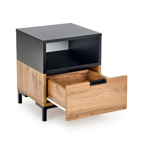 Szafka nocna Intesi Tisaia 40 cm dąb wotan/czarny z szufladami, nowoczesny styl do sypialni
