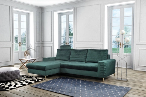 Narożnik z funkcją spania Hald welurowy butelkowa zieleń lewy do salonu nowoczesny