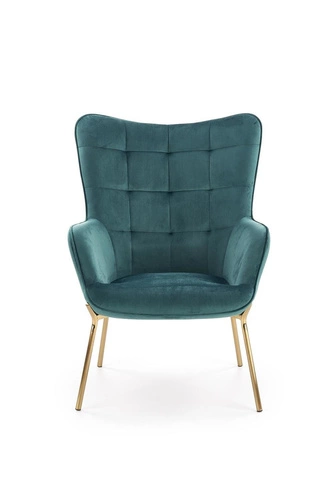 Fotel uszak Cabres zielony ciemny nowoczesny do salonu z podłokietnikami na złotych nogach