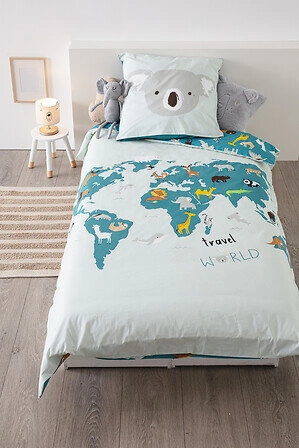 Komplet pościeli dziecięcej Atmosphera bawełniana 140x200 mapa świata zielona z certyfikatem Oeko-Tex