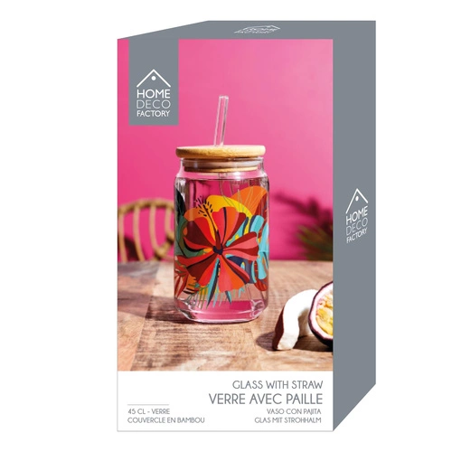 Szklanka Exotic Paradise Intesi 450 ml z pokrywką i słomką do napojów multikolor