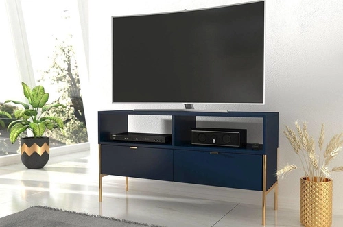 Szafka RTV glamour Polka 120 cm niebieska drewniana na złotych nogach do salonu SKANDICA