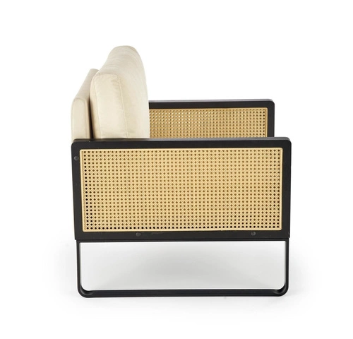 Fotel wypoczynkowy Edra beżowy welur boho do salonu na czarnej stalowej podstawie