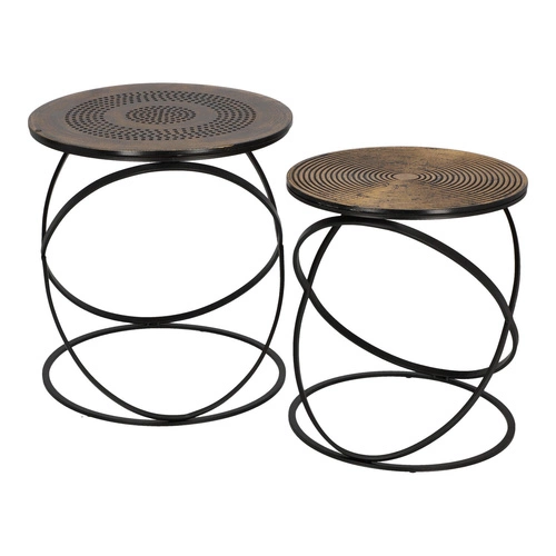 Zestaw 2 okrągłych stolików kawowych Etnik loft złoty czarny do salonu Atmosphera