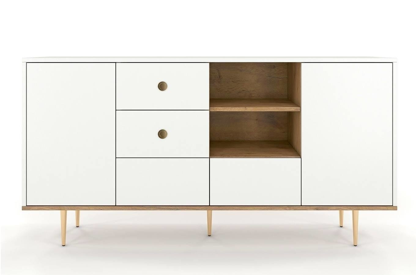 Komoda biała glamour z szufladami Harmoni 160 cm drewniana na złotych nóżkach do salonu SKANDICA