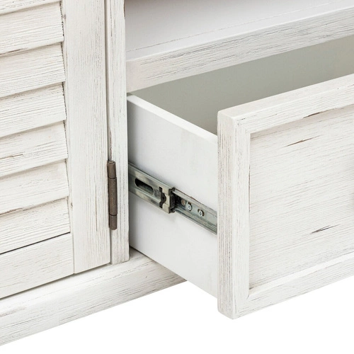 Szafka RTV Olbia biała drewniana 140 cm do salonu z półkami i szufladą Atmosphera