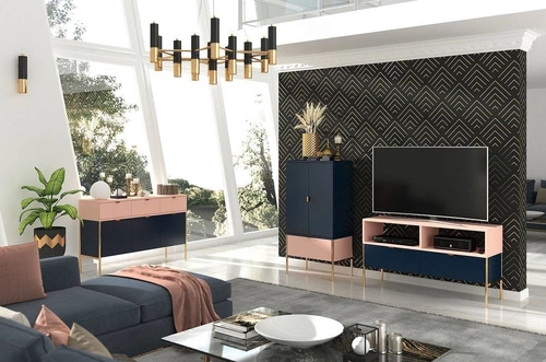 Komoda wysoka glamour z szufladą i szafkami Polka Navy Blue/Pink 120 cm do salonu SKANDICA