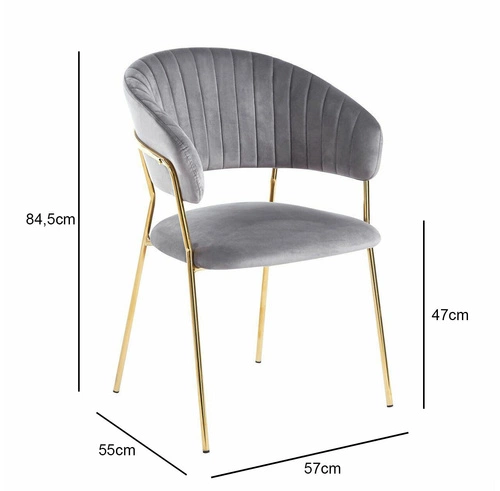 Krzesło do jadalni Glamour Intesi tapicerowane welur szare z podłokietnikami na złotych nogach