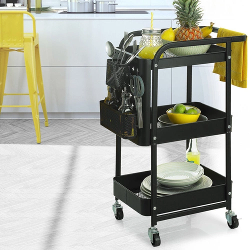 Perfo czarny metalowy wózek kuchenny na kółkach z trzema półkami do nowoczesnej kuchni 5five