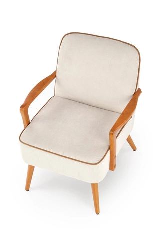 Fotel wypoczynkowy Grejs beżowy skandynawski do salonu z tkaniny na drewnianych nogach