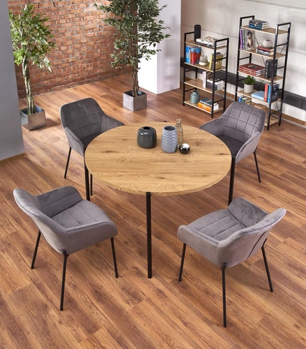 Stół okrągły loftowy Moris 120 cm do jadalni dąb złoty z czarnymi nogami Intesi