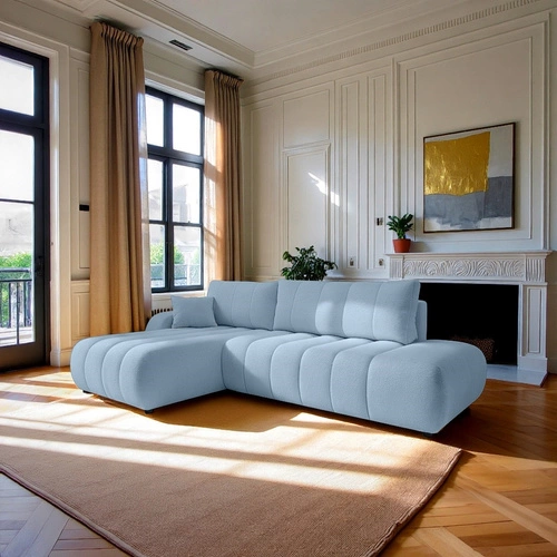 Narożnik z funkcją spania lewy Hobro niebieski nowoczesny do salonu z pojemnikiem