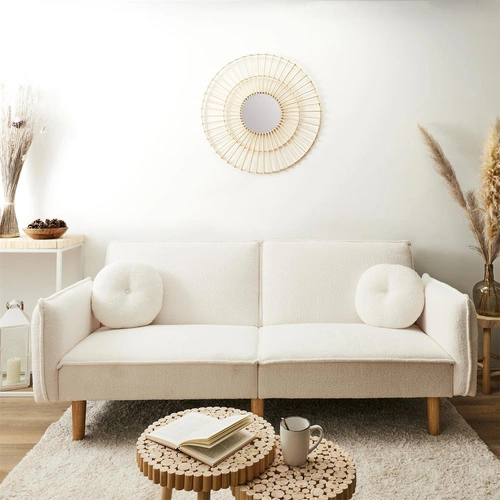 Sofa rozkładana z funkcją spania Boghena beżowa skandynawska 2 osobowa do salonu na wysokich nogach