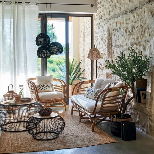 Fotel rattanowy Farah boho biały z podłokietnikami do salonu łatwoczyszczący Atmosphera