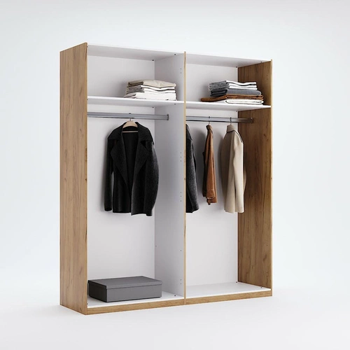 Szafa przesuwna Tissa 150 cm nowoczesna biała z dębem do sypialni z półkami i drążkiem