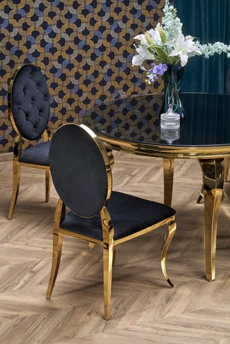 Stół okrągły szklany Munya czarny i złoty 120 cm nowoczesny glamour do jadalni Intesi