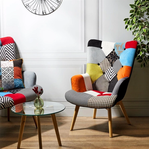 Fotel uszak Helsinki patchwork multikolor do salonu skandynawski z podłokietnikami Intesi