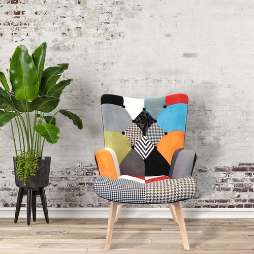 Fotel uszak Helsinki patchwork multikolor do salonu skandynawski z podłokietnikami Intesi