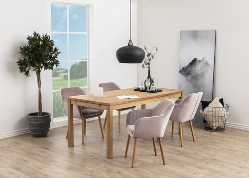 Krzesło do jadalni Emilia Actona welurowe różowe z podłokietnikami skandynawskie glamour