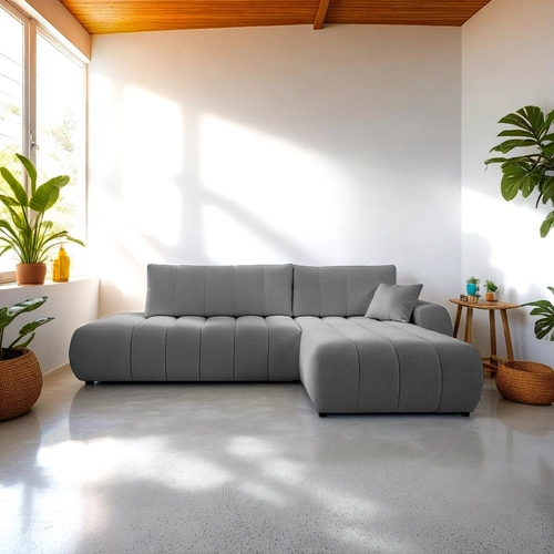 Narożnik z funkcją spania Hobro prawy szary nowoczesny do salonu z pojemnikiem