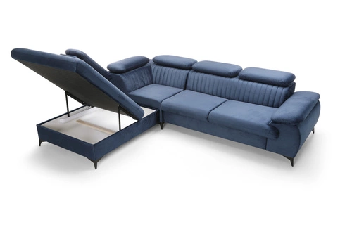 Narożnik z funkcją spania Lund L lewy granatowy skandynawski do salonu z pojemnikiem