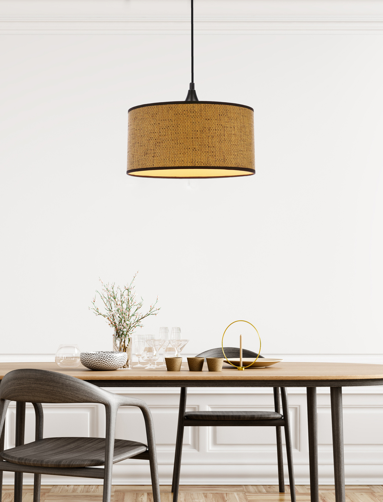 Lampa wisząca Anaka czarny 1x40W E27 abażur plecionka beżowo-brązowa