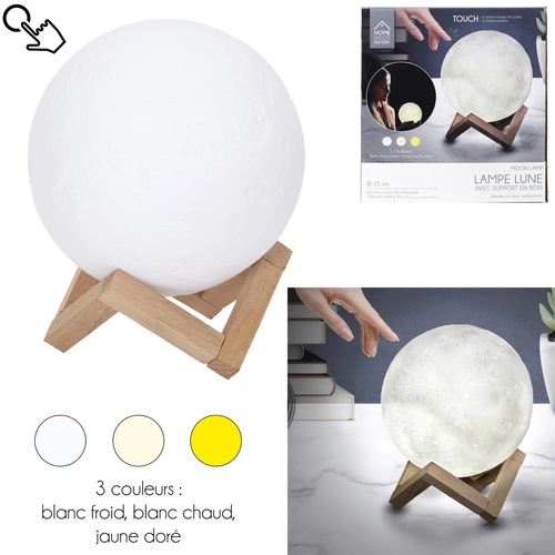 Lampka nocna Moon Intesi nowoczesna drewniana do sypialni ze zmianą barwy światła 19 cm