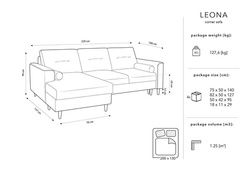 Narożnik z funkcją spania Leona Light Grey Velvet Lewostronna kolor nóg złoty